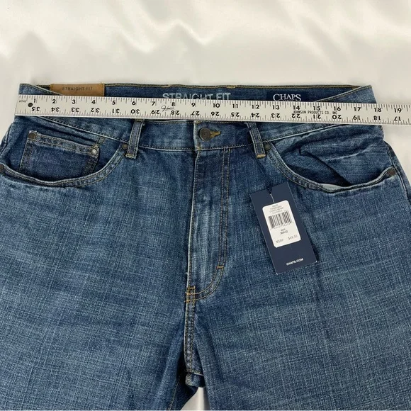 NWT Men’s Chaps Straight Fit Denim Jeans Medium Dark Blue Wash 36” x 32” - Picture 9 of 16